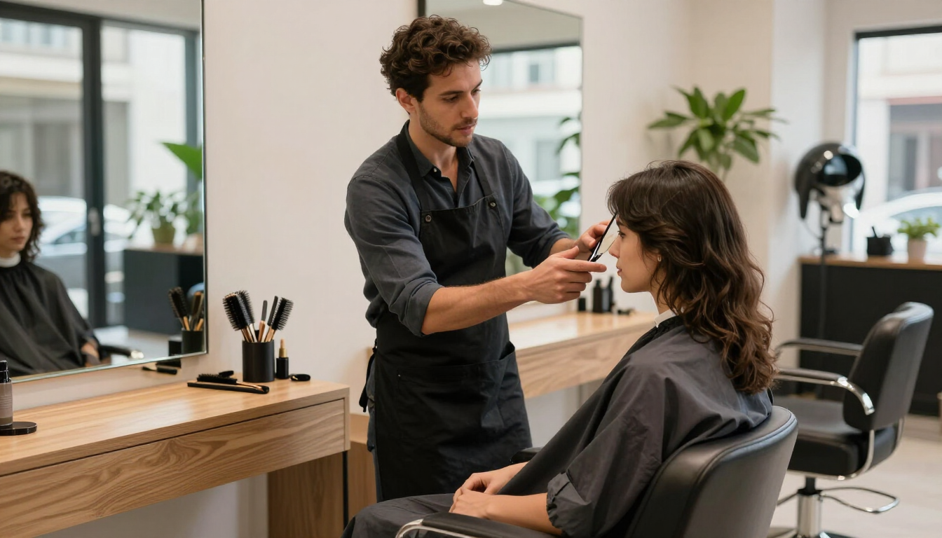 Un estilista le corta el pelo a un cliente sentado en una peluquería moderna y luminosa