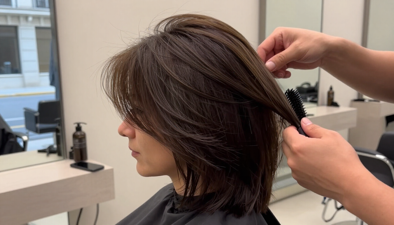 Peluquero peinando el cabello castaño hasta los hombros de una mujer en un salón de belleza