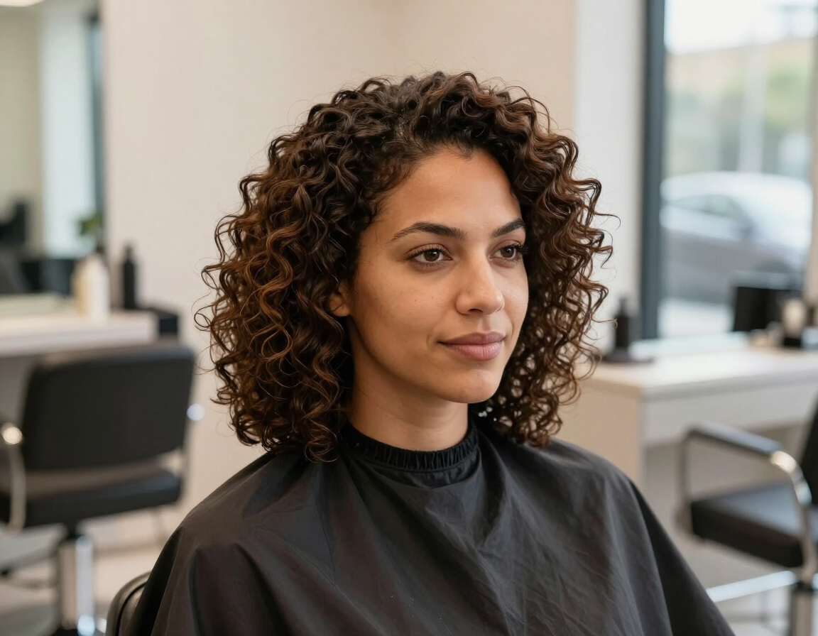 Persona con el pelo rizado sentada en una silla de peluquería, con una capa negra y expresión neutra.