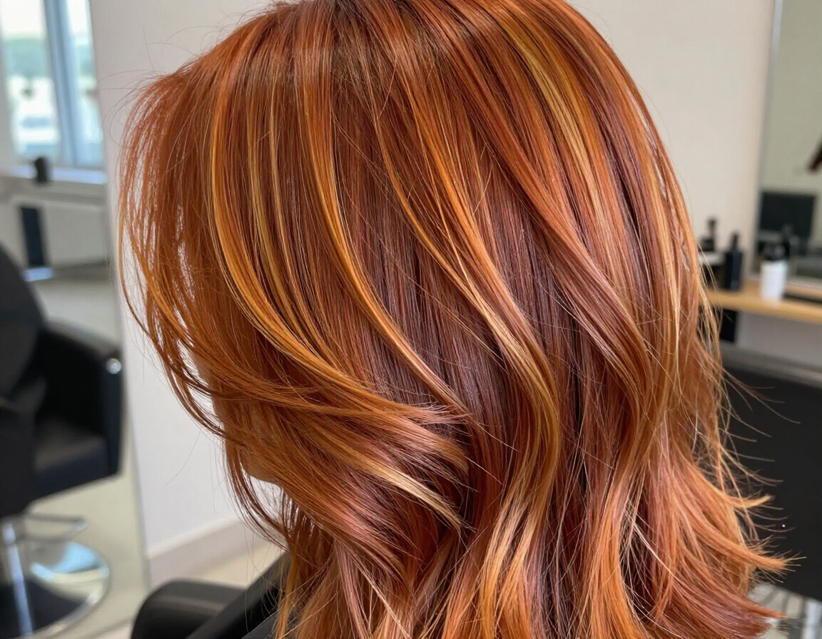 Primer plano de un cabello castaño rojizo a capas con reflejos cobrizos en un salón de peluquería