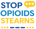 Logo reading "STOP OPIOIDS STEARNS" in blue and yellow text with a speech bubble icon and patterned dots and dashes.