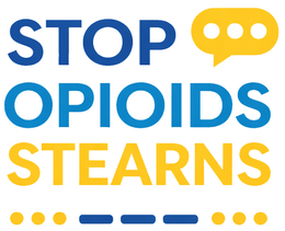 Logo reading "STOP OPIOIDS STEARNS" in blue and yellow text with a speech bubble icon and patterned dots and dashes.