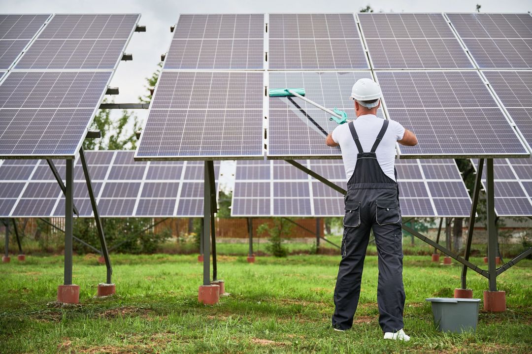 Un operaio pulisce i pannelli solari in un campo erboso con file di impianti fotovoltaici.