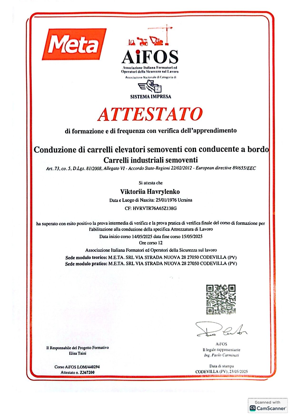 Attestato corso di formazione