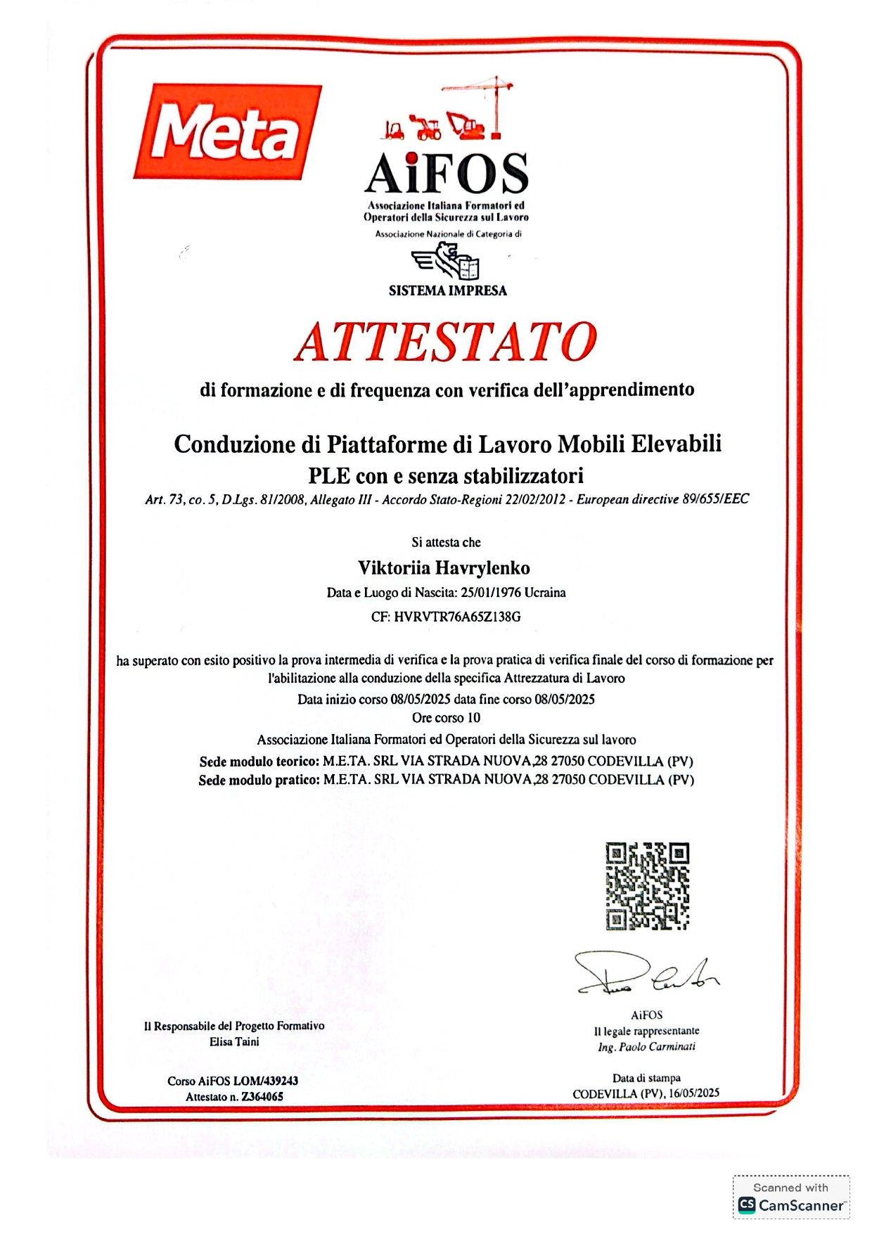 Attestato corso di formazione