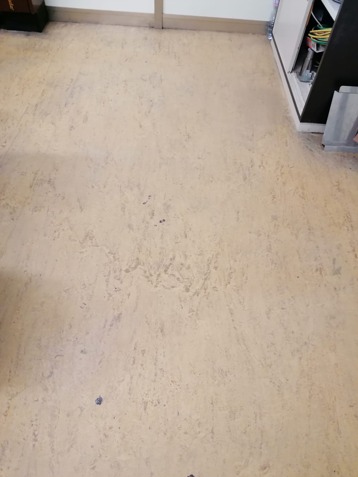 Pavimento piastrellato beige con porte e un piccolo oggetto scuro vicino all'angolo in basso a sinistra.