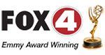 Logo for FOX 4, a television station, with the FOX 4 text in black and a red circle with a white