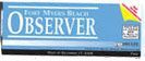 Logo for the Fort Myers Beach Observer newspaper, blue background with white text, a yellow corner, and red line across.