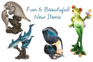 Collection of aquatic-themed figurines, including manatees, dolphins, a stingray, and a frog holding a cocktail.