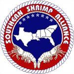 Logo of the Southern Shrimp Alliance: A red and blue circle with shrimp, the outline of Southern US states, and text.