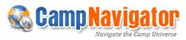 Logo for Camp Navigator, featuring a globe icon and the brand name in blue and orange.