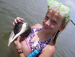 Girl in green goggles holding a large seashell in shallow water, smiling at the camera