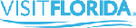 Visit Florida logo with light blue text on a white background.