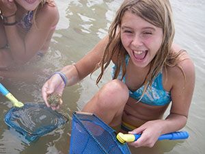 Girl smiling while holding a blue net and yellow scoop in shallow water at the beach