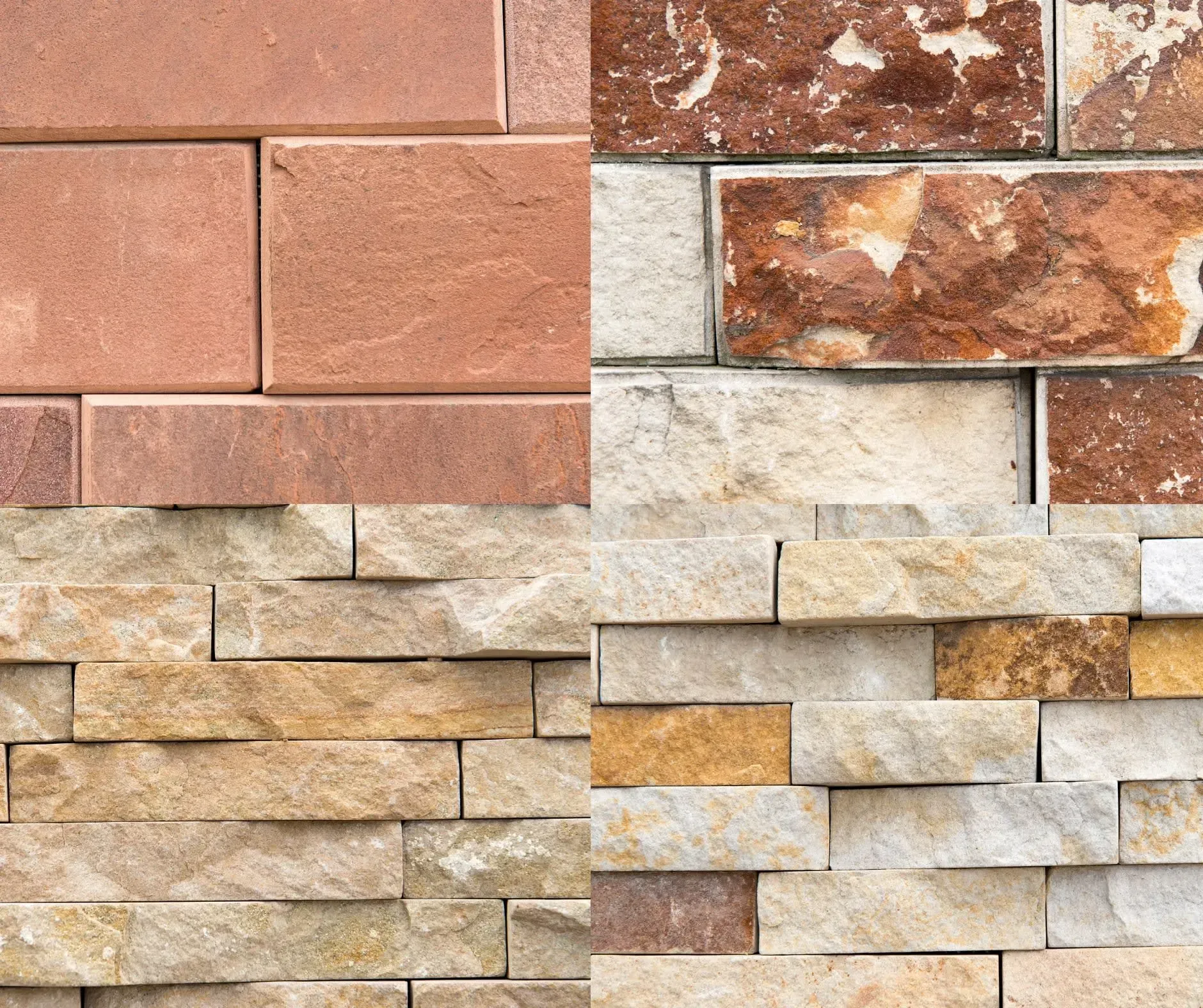 Four textured stone wall panels: red-brown brick, patterned brown-white stone, light brown stacked stone, and textured beige stone.