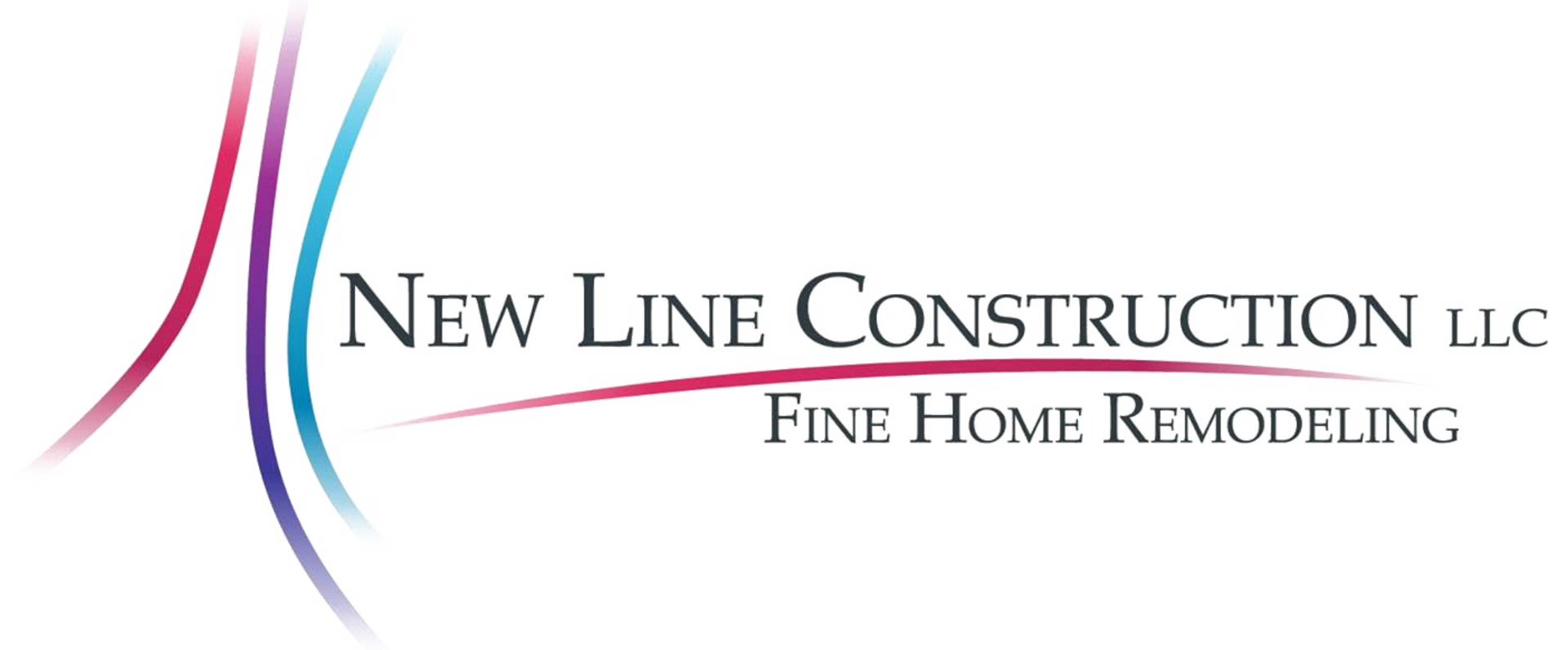 New Line Construction LLC logo with pink and blue swooshes and &ldquo;Fine Home Remodeling&rdquo; text