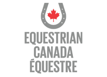 Logo d'Equestrian Canada avec un fer à cheval gris et une feuille d'érable rouge au-dessus d'un texte bilingue.