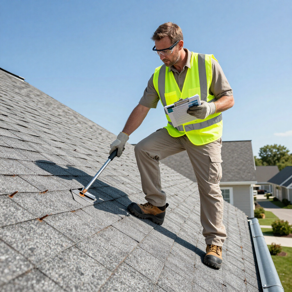 Roofer carrying out roof maintenance and gutter cleaning