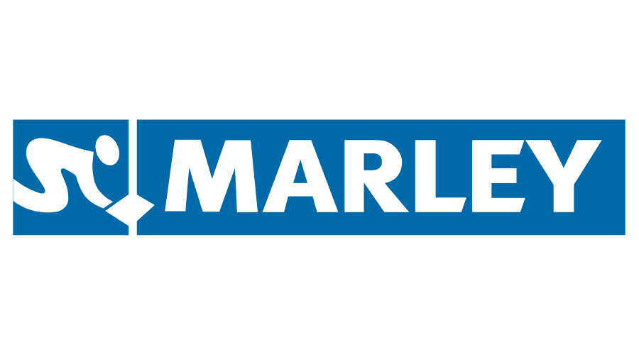Marley logo: white figure holding a box inside a blue rectangle, 