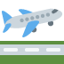A light blue and grey airplane taking off from an airport runway.