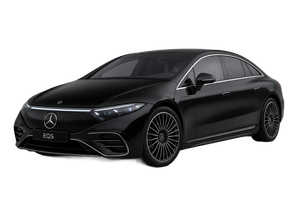 Dark gray Mercedes-Benz EQS electric sedan with silver wheels, parked on a white background.