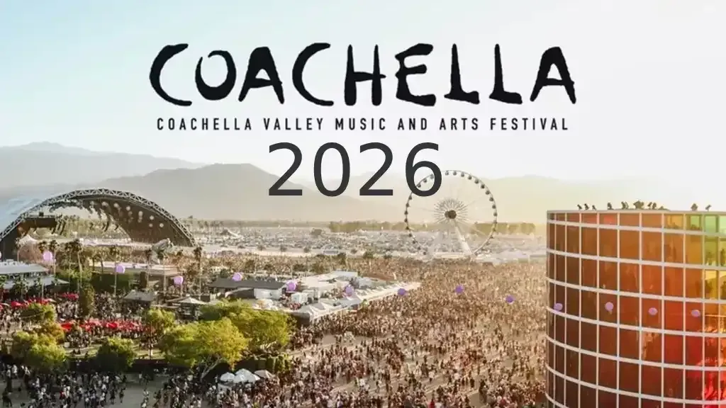 The Coachella Valley Music and Arts Festival 2026 logo overlays a panoramic view of a crowded outdoor music festival.