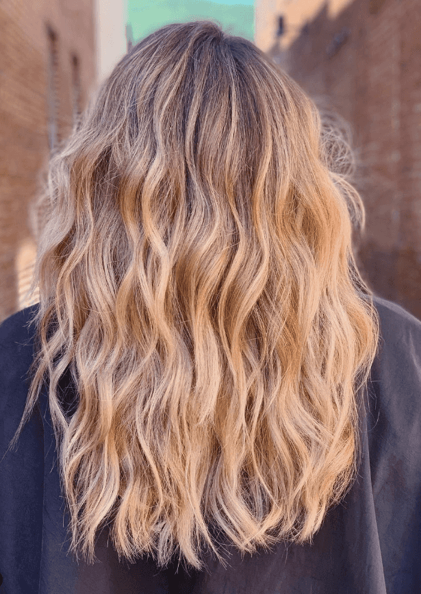 brunette with highlights back of head showcasing custom color