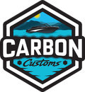 A logo for carbon customs with a boat in the water.