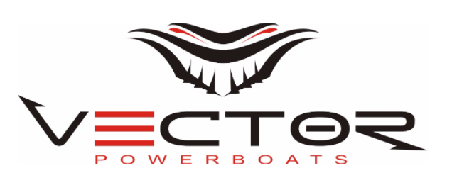 A logo for a company called vector powerboats with a shark on it.