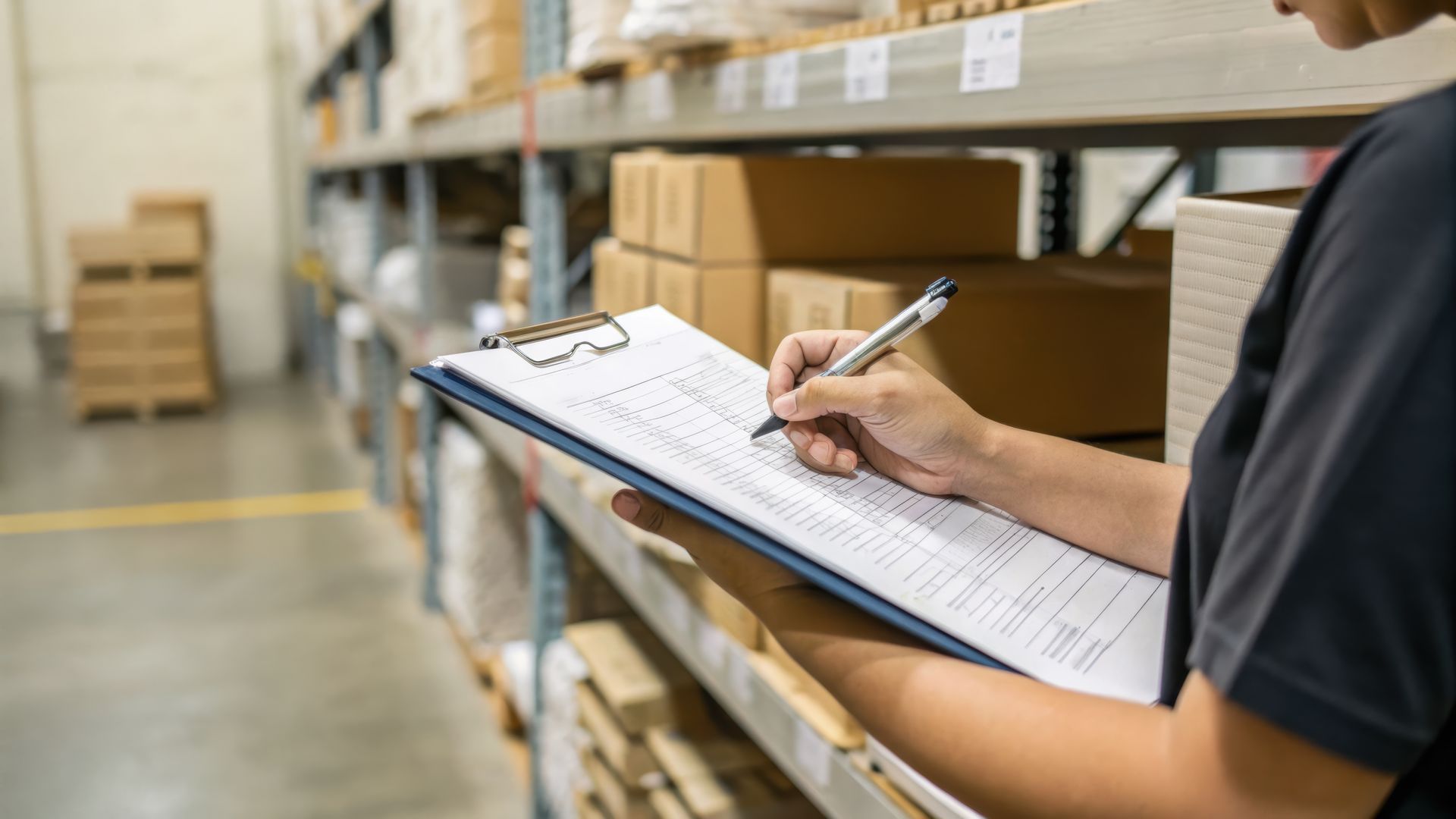 Person writing on a clipboard in a warehouse aisle with stacked boxes and shelves.