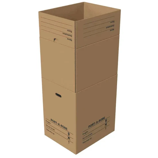 Open brown cardboard box with ventilation slits and printed labels