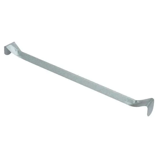 Silver metal pry bar with curved ends on a white background
