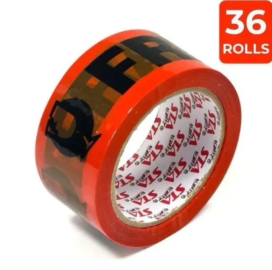 Roll of red and black packing tape labeled 36 rolls