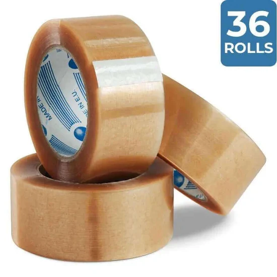 Three clear packing tape rolls, with one labeled “36 rolls” on a blue badge