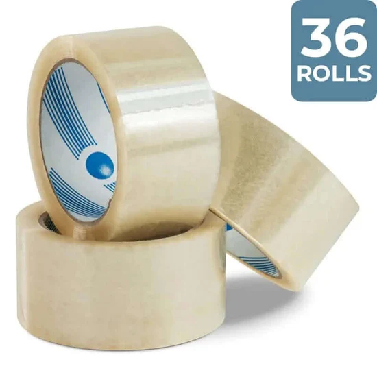 Three clear packing tape rolls stacked, with one roll leaning, labeled “36 ROLLS” on the corner.