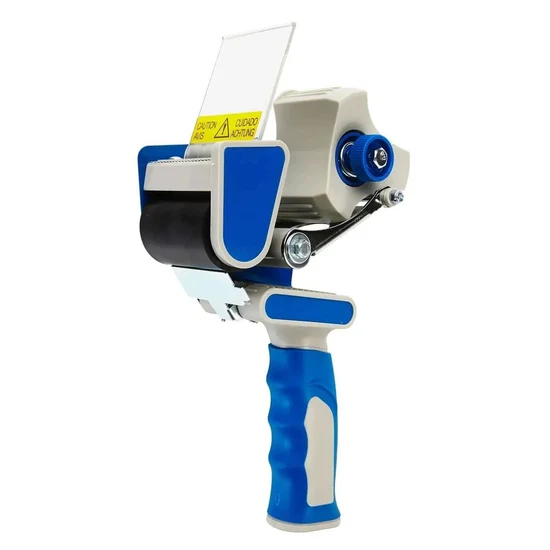 Blue and white handheld tape dispenser with a clear packing tape roll