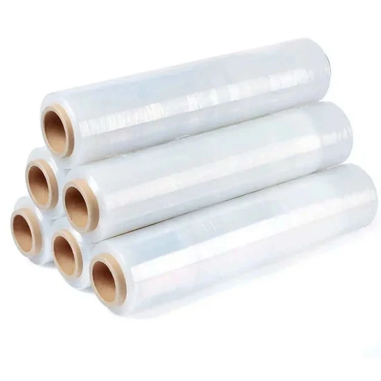 Five rolls of clear plastic stretch wrap stacked on a white background