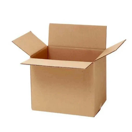 Open brown cardboard box with flaps open on a white background