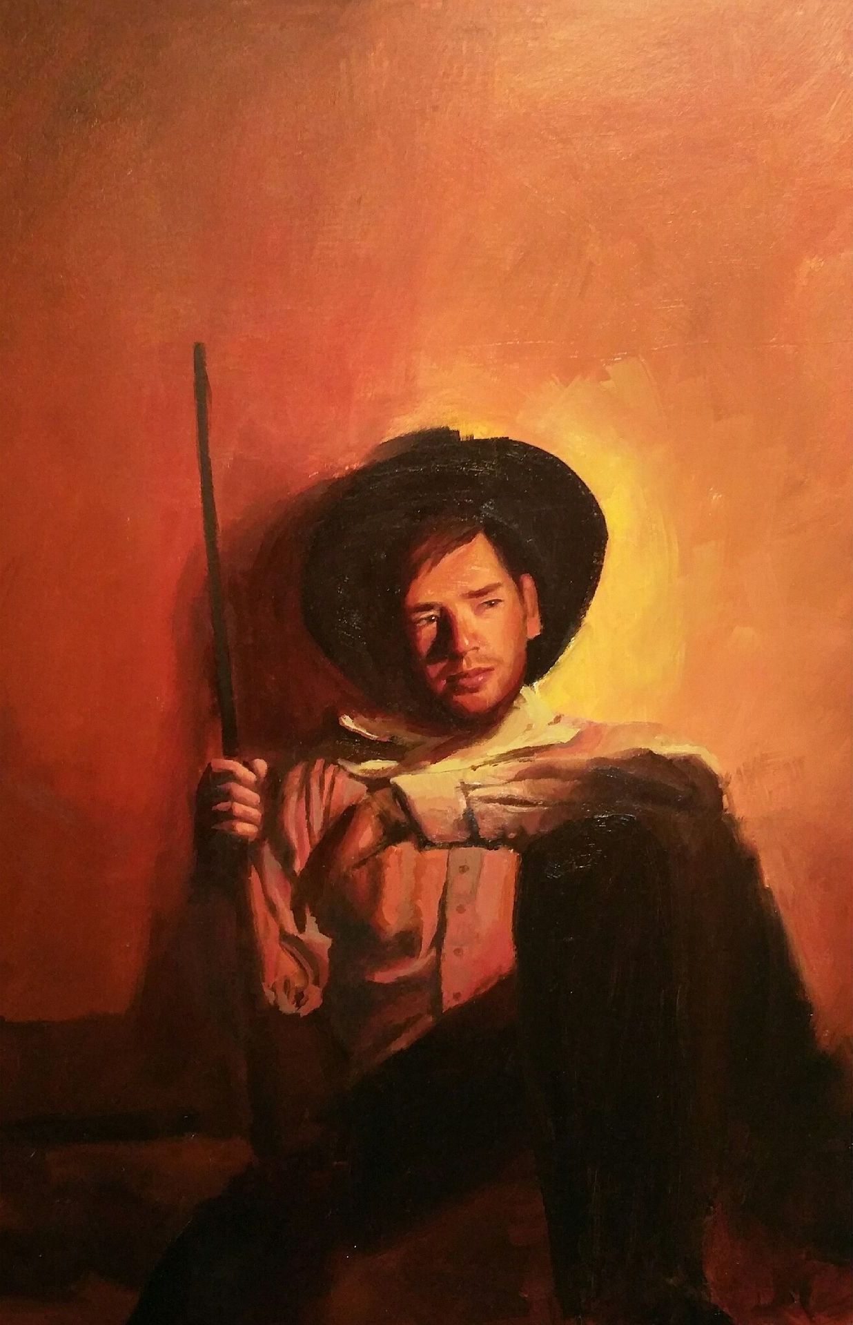 A painting of a man in a cowboy hat holding a rifle.