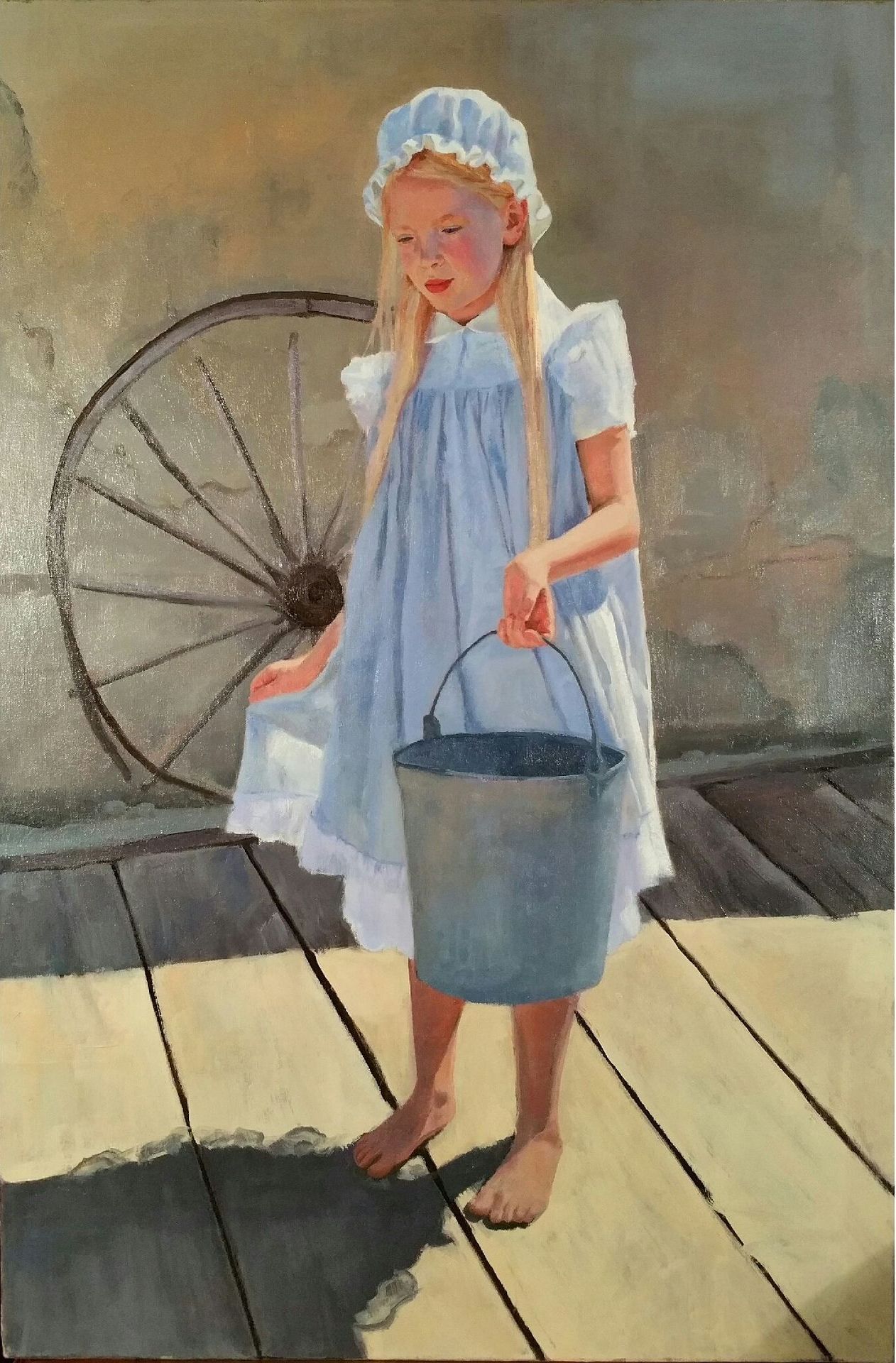 A painting of a little girl holding a bucket