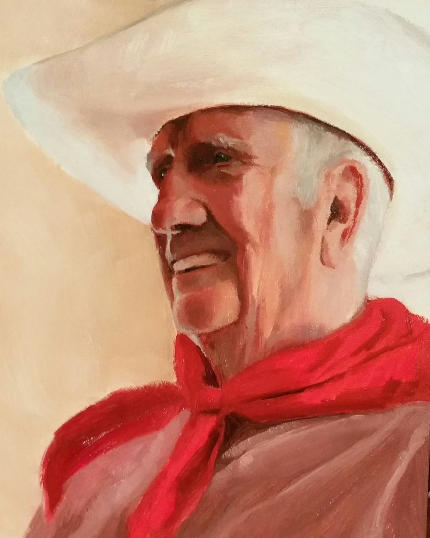 A painting of an old man wearing a cowboy hat and a red scarf