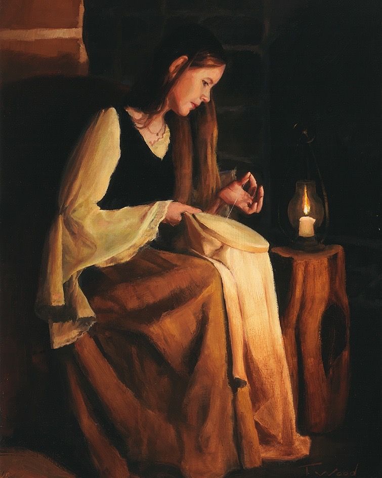 A painting of a woman sitting in front of a candle
