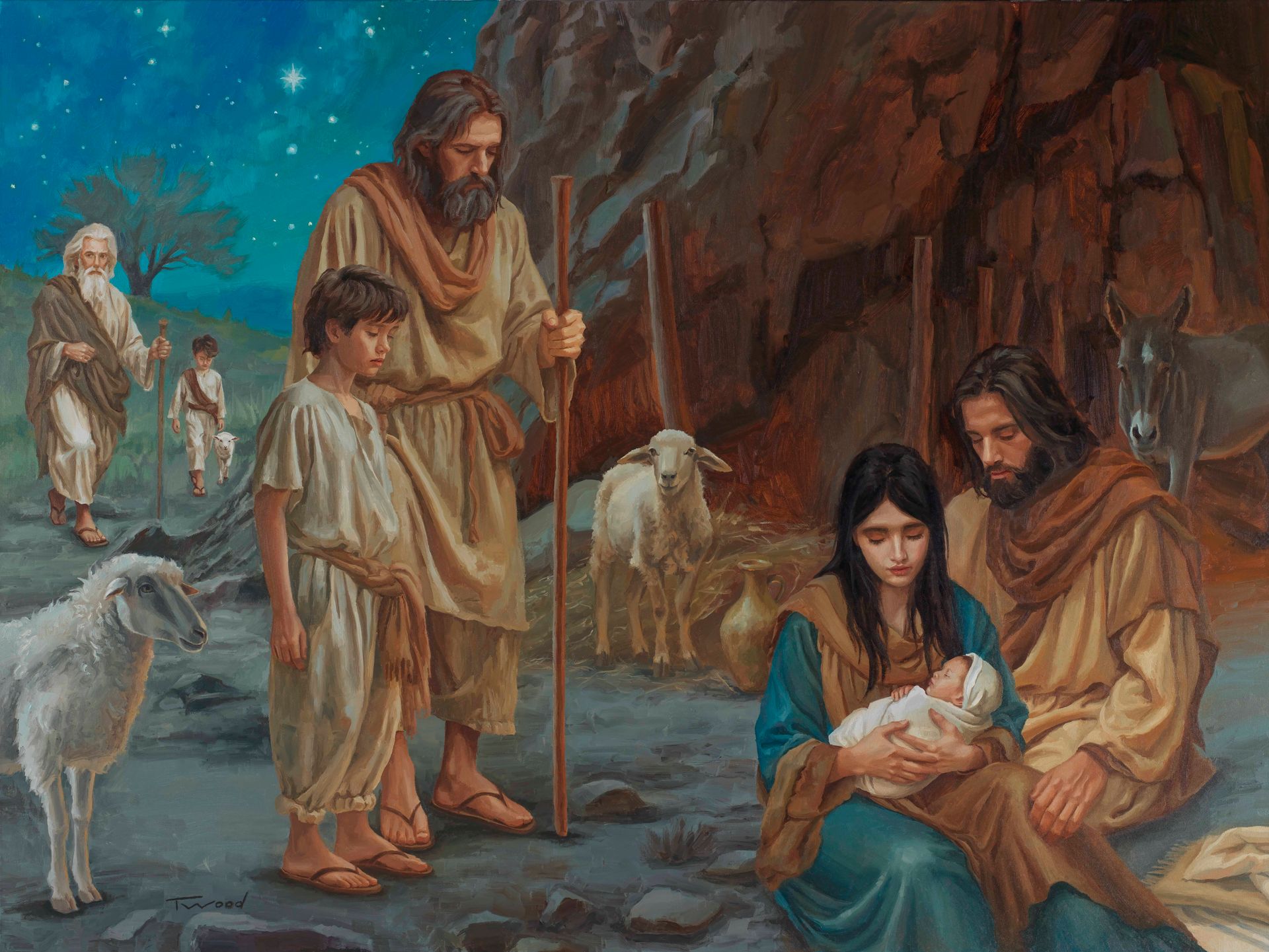 Silent Night: Mary holding baby Jesus, Joseph, shepherds, and sheep in a stable.