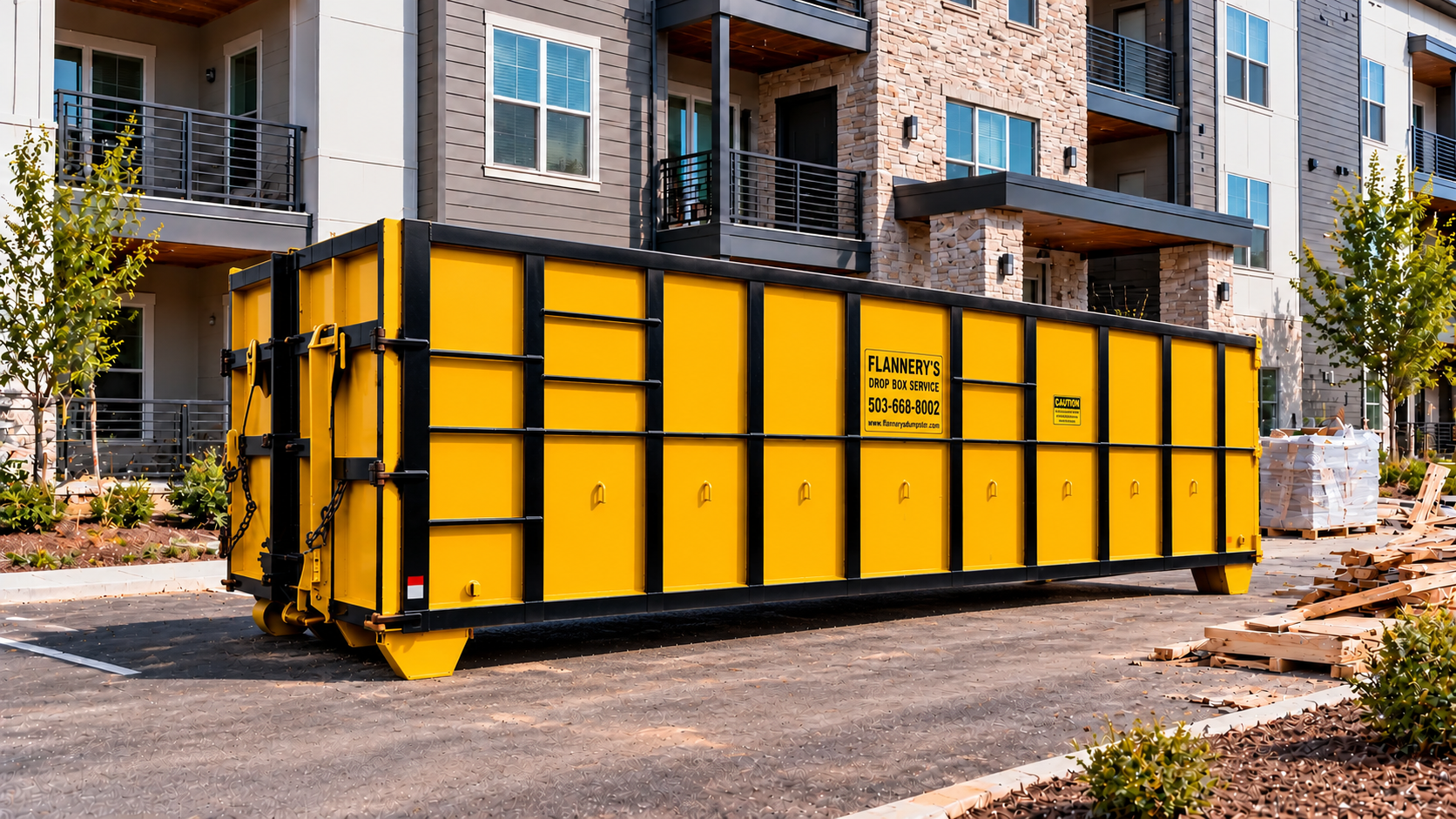 Large brown shipping container on a paved lot with trees in the background