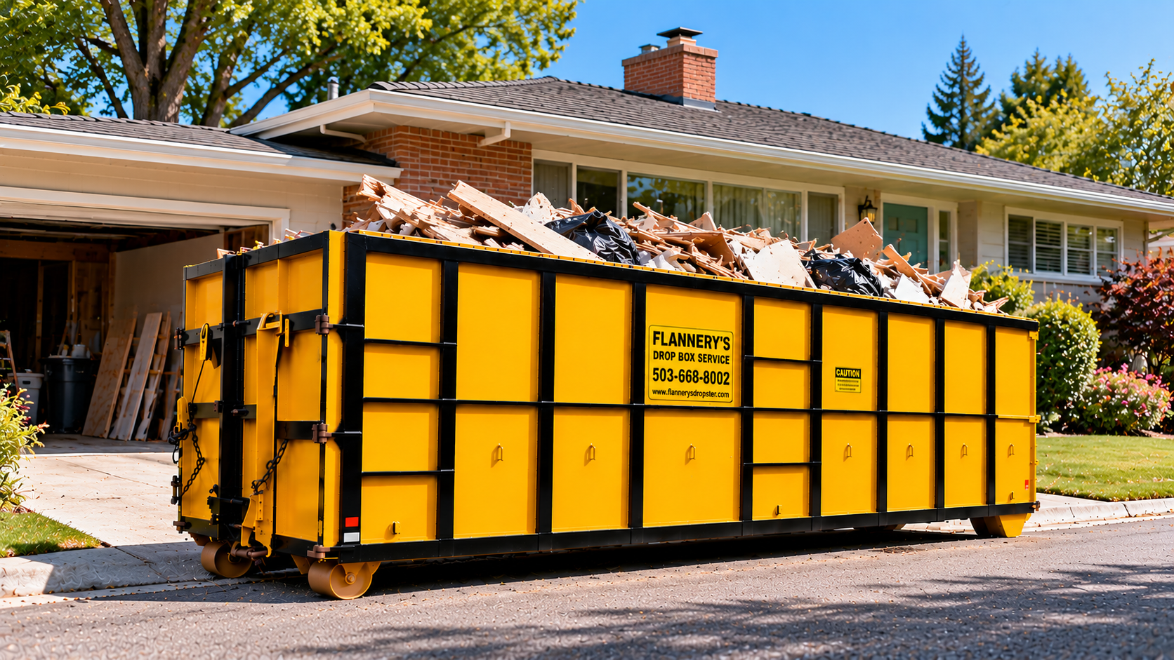 Bright green dumpster filled with construction debris parked on a residential street