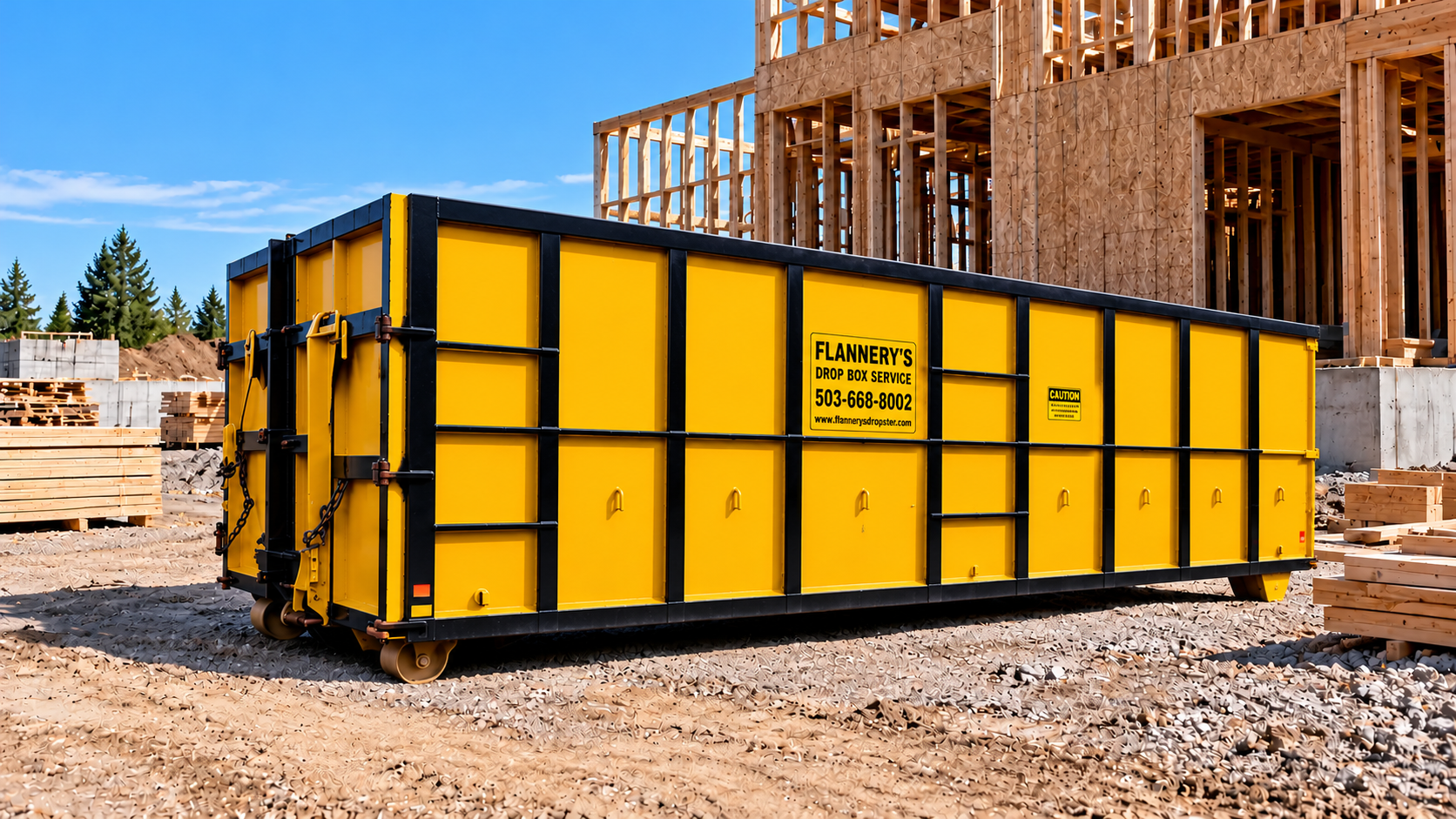 Large yellow dumpster on a residential street beside brick houses and parked vehicles