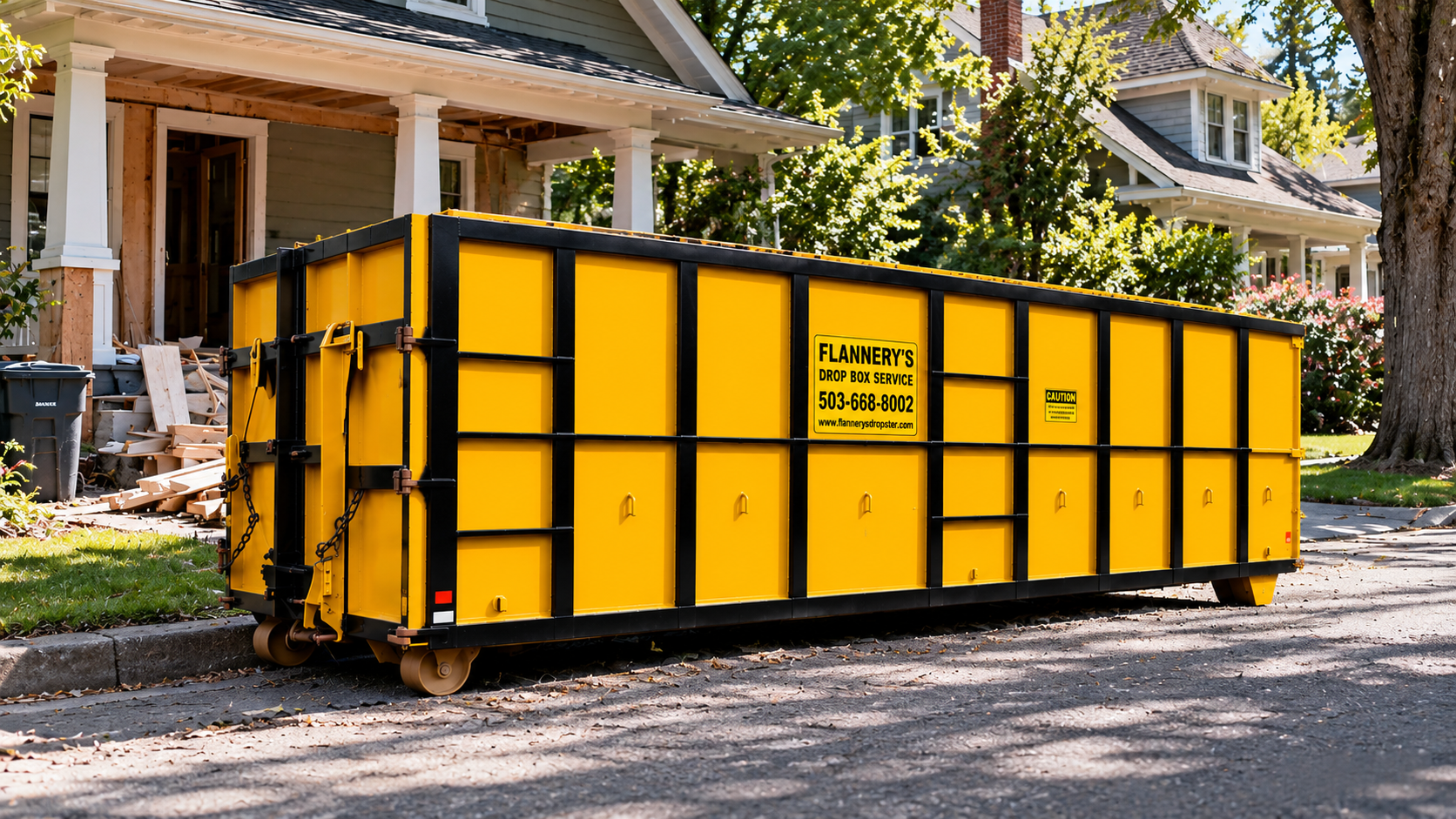 Blue dumpster on wooden skids along a residential street with houses and trees in the background