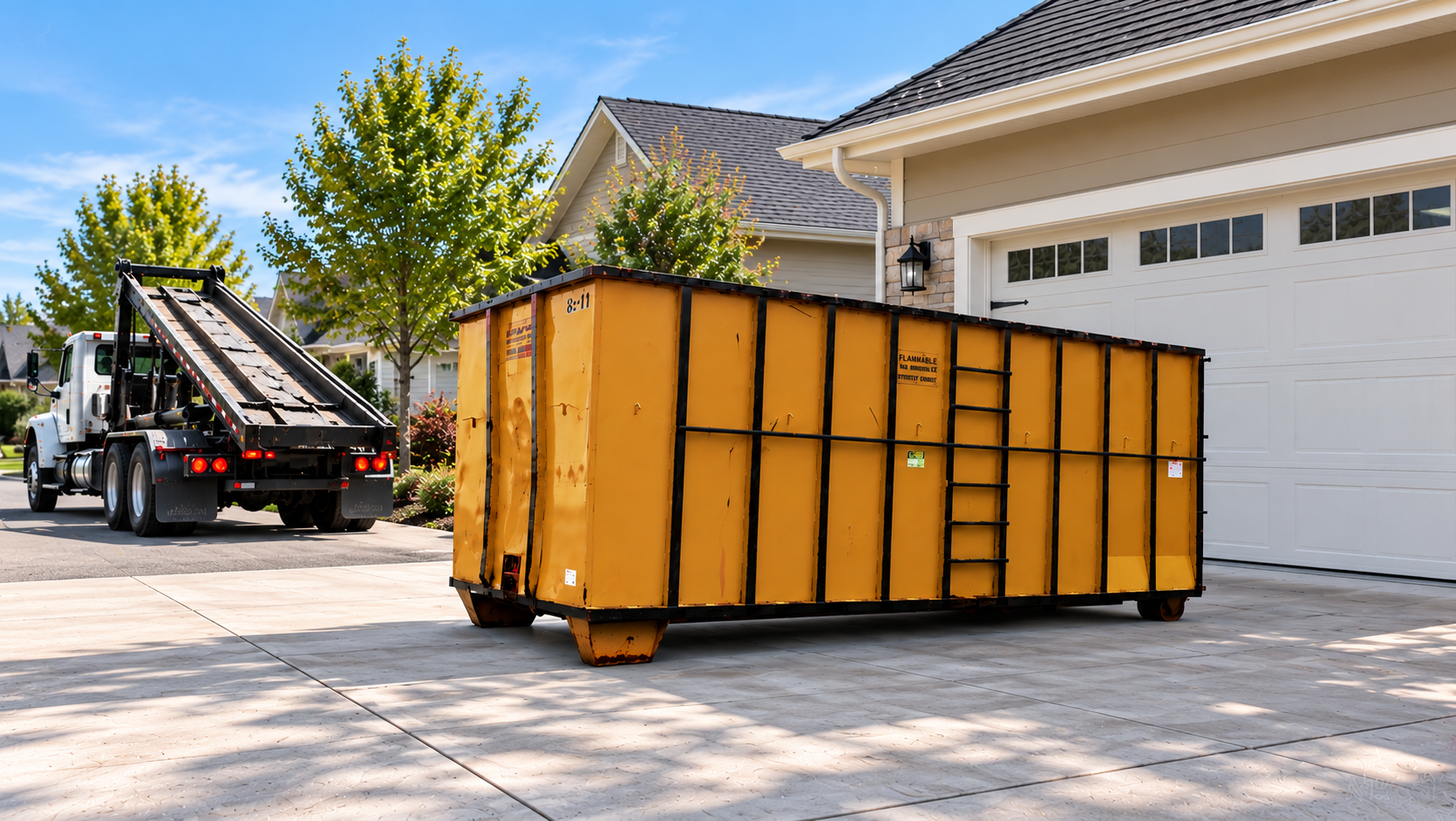Green metal dumpster with trash in an outdoor paved area by a fence and trees
