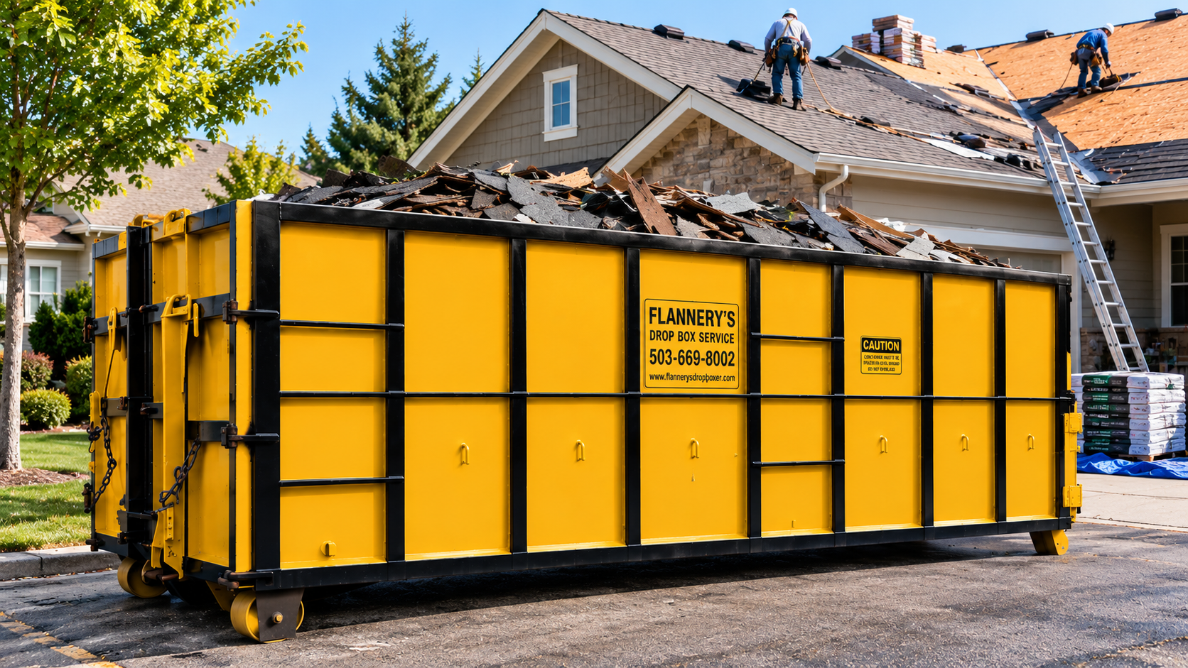 Orange construction dumpster on a residential street with traffic cones and parked bins