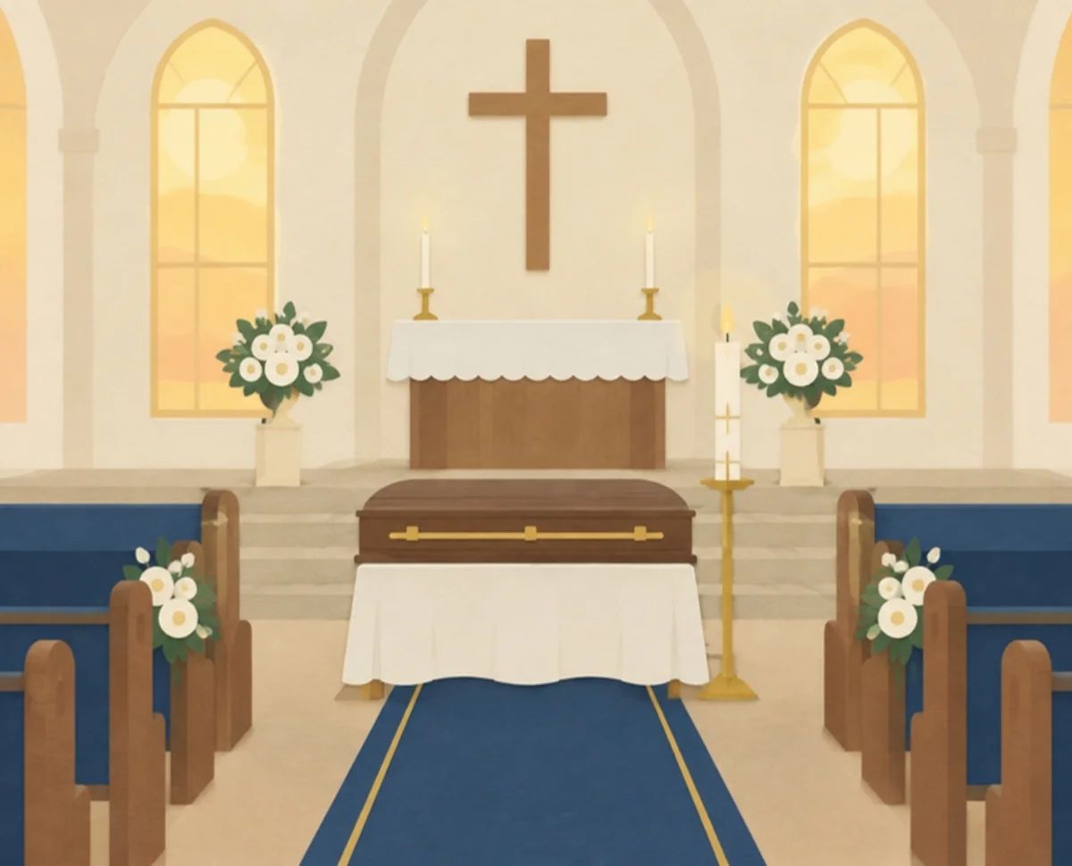 Illustration of a church prepared for a funeral Mass, with a casket beneath a white pall before the altar